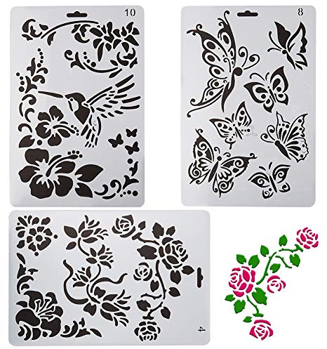 GORGECRAFT 4pcs Plastica Disegno Pittura Stencil Fiori Piante Grafica Modelli per Fai da Te Arti Carrello Fare journaling Scrapbooking, Bianco