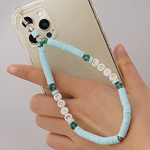 Böhmische Anti-Verlorene Handykette Handy Straps Vintage LOVE Alphabet Buchstabe Perlen Kette Bunte Perlen Strap Telefon Anhänger Mobile Phone Chain Handy Schmuck Hängende Schnur für Frauen, Blau