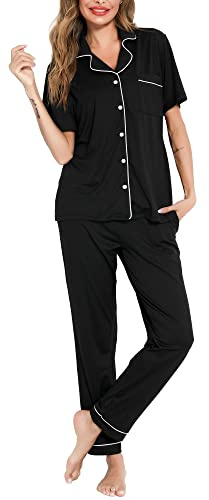 Lovasy Pigiama Donna Estivo Set Cotone Camicia con Bottoni Comodo Pantaloni Lunghi Manica Corta Aperto Davanti Lungo,Nero,L