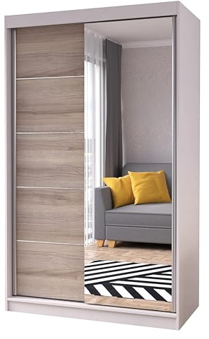 Fabryka Mebli Idźczak - Armoire avec Miroir Neomi, Armoire 2 Portes Coulissantes 120 x 200 x 61 cm, Armoires de Chambre Moderne, Armoires Salon - Blanc/Sonoma