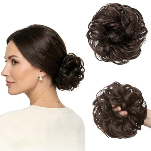 JJstar Haarteil Mit Gummiband, Groß Dutt Haarteil Dunkelbraun Gelockt Haargummi Mit Haaren Hochsteckfrisuren Haarverlängerung Messy Bun Haarteile für Damen Mädchen Pferdeschwanz (Dunkelbraun)
