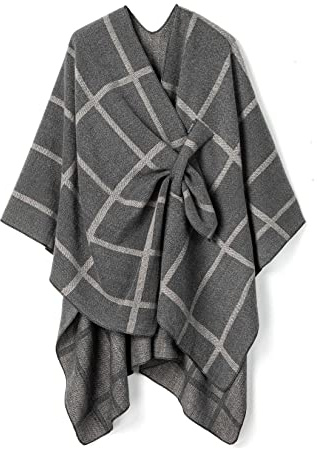 Villand Schal für Damen Poncho-Umhang Cardigan mit offener Vorderseite, Gürtel und Geschenktüte für Herbst und Winter (Hellgraues Plaid)