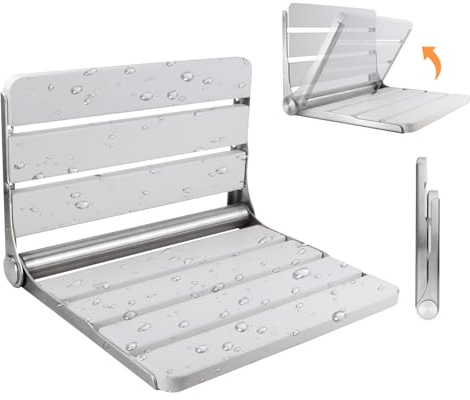 Teak Folding Shower Seat Wall Mounted, 16 Foldable Shower Bench, 400lbs Max Load, Space-Saving Fold Down Design for Seniors, Elderly & Small Shower Spaces (White, 16 inchs)
