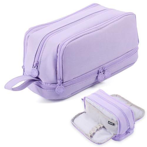 MAMUNU Federmäppchen mit großem Fassungsvermögen, großes Stifteetui, 3 Fächer, für Kinder und Erwachsene, erweiterbares Federmäppchen mit tragbarem Griff, violett, Make-up-Tasche