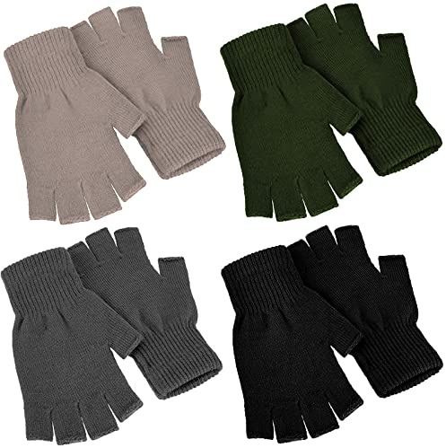 SATINIOR 4 Pairs Winter Half Finger Gloves Knitted Fingerless Mittens Warm Stretchy Gloves for Men and Women (Black, Dark Grey, Khaki, Dark Green)