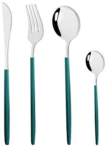 Geschirr Set 24 stücke Blaugold Gabel Löffel Messer Besteck Edelstahl Western Silberwaren Für küche Geschirr Set essgeschirr (Color : Green Silver)