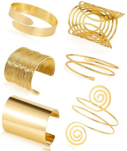 COLOYAN 6Pcs Gold Arm Cuff - Upper Bangle Bracelet Set Adjustable Minimalist Simple Coil Wide Wire Grooved Open Band Armlet for Women