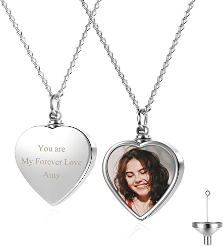 JSDDE Personalisiert Urnen Kette mit Fotogravur und Textgravur Herz Urne Anhänger Halskette für Asche Aschekette Memorial Schmuck mit Trichter Set