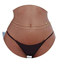 FIBO STÅL 18K guldpläterade midjekedjor kroppskedjor för kvinnor rostfritt stål bikini magkedjor lager sommar strand kroppssmycken justerbar, 0.5, rostfritt stål, Kubisk zirkon