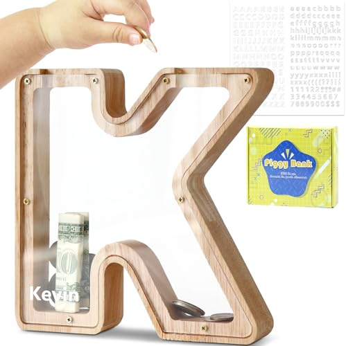 DBPBToU Spardose Kinder Holz Buchstaben Spardose (K) | Personalisiert Sparschwein Kinder，Durchsichtiges, Geburtstag Geschenk/Heimdekoration/Keepsake
