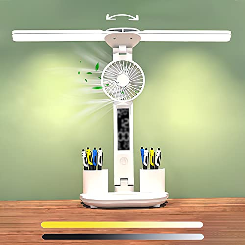 Doppelkopf Schreibtischlampe mit Ventilator LED Tischlampe Touch Dimmbare Weiß Tischleuchte USB Aufladung Bürolampe LCD Display Kalender Temperatur Uhrzeit Desk Lamp für Kinde Studieren Lesen Büro
