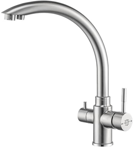 Madeira Three-Way / 3 Way / 3 in 1 Monobloc Kitchen Drinking Water Filter/Mixer Brushed Steel 360 Swivel Tap/Faucet with Free Recyclable Fortress System