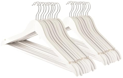 Harbour Housewares Strong White Wooden Coat Hangers with 360 Degree Rotatory Hook | Pack of 20 | Wood Clothes Hangers with Round Trouser Bar and Non Slip Shoulder Notches Wardrobe Storage