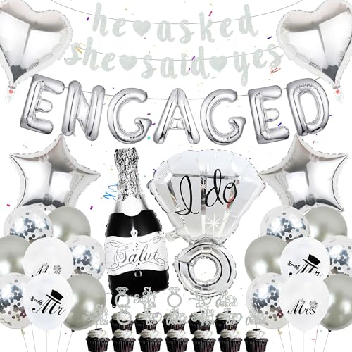 FeteDecor Engagement Party Decorations - Silver Engagement Balloons, She Said Yes Banner, Ring Balloons, Cupcake Topper, Engagement Wedding Party Supplies