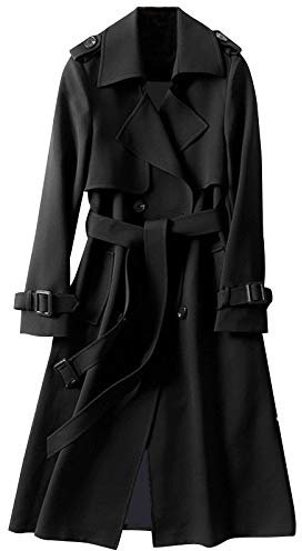 EMUKFD Trench lungo doppiopetto da donna classico soprabito con risvolto sottile cappotto impermeabile leggero doppiopetto spolverino trench con fibbia per cintura, Nero , XXL