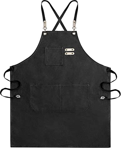 SYWS Heavy Duty Waxed Canvas Tool Gardening Apron - Adjustable M to XXL with Pockets for Men Women Workshop, DIY, Woodwork, Carpenters, Artists - Water Resistant, Black
