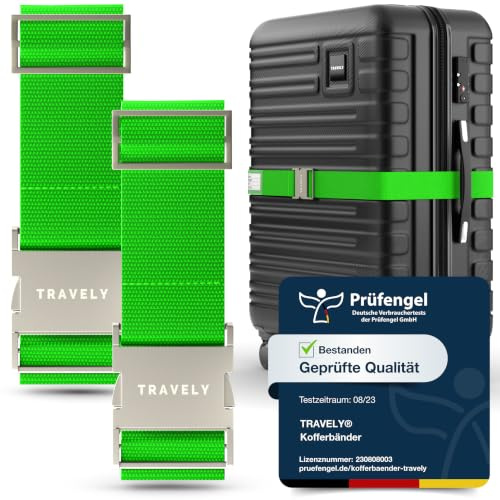 TRAVELY Premium Koffergurt mit Metallschnalle [2er Set]- Besonders Edel & Auffällig - sehr robust I inklusive Namensschild - Passend für Handgepäck bis Übergröße, Kofferband Gurt, kofferband