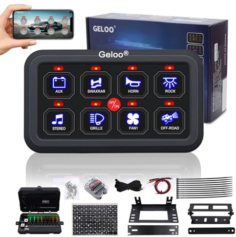 Geloo 8 Gang Schalter Panel Kit, Universal 12V/24V Circuit Control Relais System Touch Switch Box Schalttafel RGB sieben Farben Dimmbarer mit APP On-Off Kippschalter