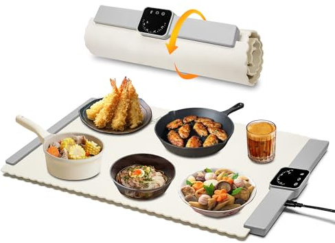 Food Warmer Mat, Electric Portable Silicone Warming Plate, Roll Up Heating Tray for Food, 5 Heat Levels, 24x15.7, (White)