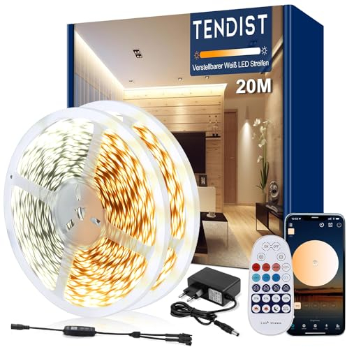 TENDIST Led Strip Weiß Dimmbar, 3000K-6500K Warmweiß bis Kaltweiß 24V Led Streifen Selbstklebend mit Fernbedienung, Smart App and Controller Function (‎Warmweiß 3000k Kaltweiß 6500k, 20M)