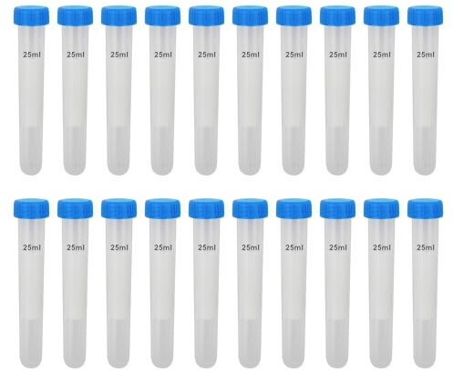 HUAZIZ 20 Pièces Plastiques Tubes à Centrifuger Blue 25ml Round Fond Tubes à Essai Plastique, Sample Lab Tubes avec Bouchon à Visser et Graduations