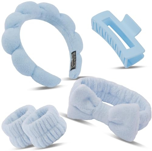 Stirnband, Stirnband Handgelenk Waschband Set, Damen Spa Haarband Haarband, Handgelenk Spa Waschband, Haarspangen Quadratisch, für Hautpflege, Gesichtsreinigung, Dusche (Blau)