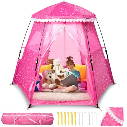 Funsland Tienda Campaña Infantil Niñas - Grande Castillo Princesas, Pop Up Tienda, Rosa Estrella Tienda de Campaña Regalo para Niñas, para Interior y Exterior, 200x170x135 cm