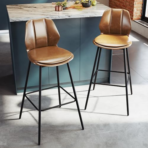 SONNI Barhocker 2er Set, Barstühle, Küchenstühle mit Rückenlehne und Fußstütze, robuster Metallrahmen, gemütliche PU weiche Sitzfläche, für Bar, Küche, Esszimmer, Sitzhöhe 102 cm, Braun
