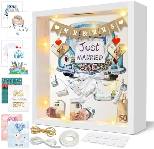 3D Bilderrahmen zum Befüllen, 8 IN 1 Geldgeschenk Personalisiert Objektrahmen Hochzeitsgeschenke für Brautpaar Tiefer Rahmen mit Licht Spardose Geschenk für Taufe Hochzeit Geburtstag Reisen
