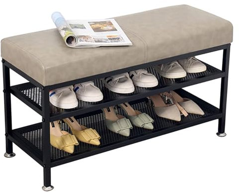 Moderne graue Leder-Bank mit 2 Etagen Schuhregal, Metallrahmen, Schuhregal, Bank für Flur, Veranda, Schuhaufbewahrung, Ende der Bettbank, 60 x 32 x 45 cm