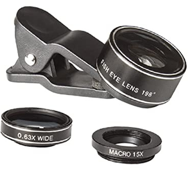 3-in-1-handykameraobjektiv aus Metall und Glas für Smartphone | 198° Fisheye und 15 Stück Telekonverter 63 Stück Superweitwinkel 0 Schwarz für Tablette und Mobilgeräte