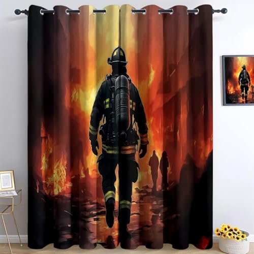 Vorhänge Moderne Feuerwehr Motiv, Vorhang Blickdicht Verdunklungsvorhänge mit Ösen, Gardinen Wohnzimmer Schlafzimmer Fenster für Kinder Jungen Mädchen, H140 x B90 cm (2er Pack), Orange Rot