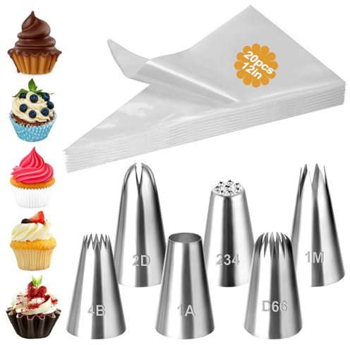 26pcs Large Icing Nozzles and Bag, Piping Bags and Nozzles, Piping Bags Disposable, Large Icing Bags Disposable, 1M 2D 1A 4B D66 234Piping Nozzle Set for Cake Cupcake Dessert Cookies Decoration