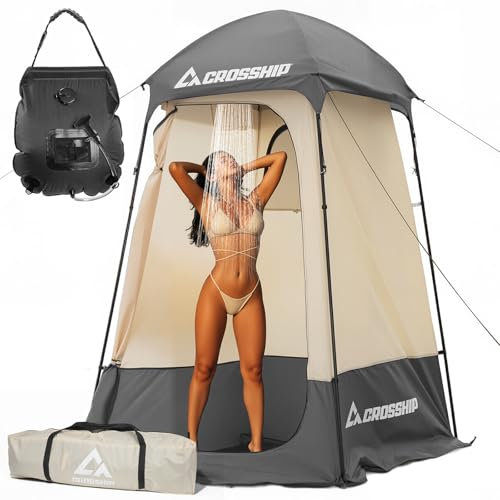 CROSSHIP Camping Shower Tent - Outdoor Privacy Tent with Solar Shower Bag - 84.6 H*60 W Privacy Shelter for Outdoor Bathroom, Changing Room & Fishing, UV Resistant&Waterproof Camping Bathroom
