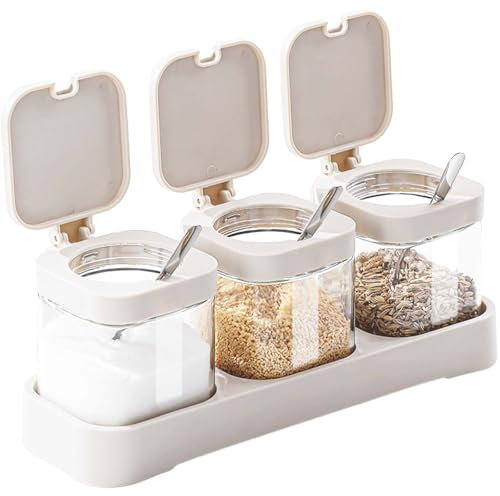 DIYJEP Condiment Jar Spice Container with Lids and Spoons, Clear Square Glass Container Jars, Flip Lid Seasoning Box Containers for Kitchen Condiment Sugar Masala Salt Seeds Grains Tea Storage