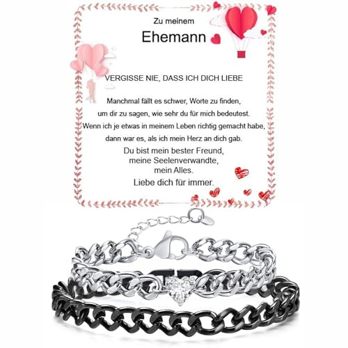 Fehki Edelstahl Paar Armband | Kubanische Kette verstellbar | Romantisches Geschenkset für Paare zum Valentinstag, Jahrestag & Geburtstag