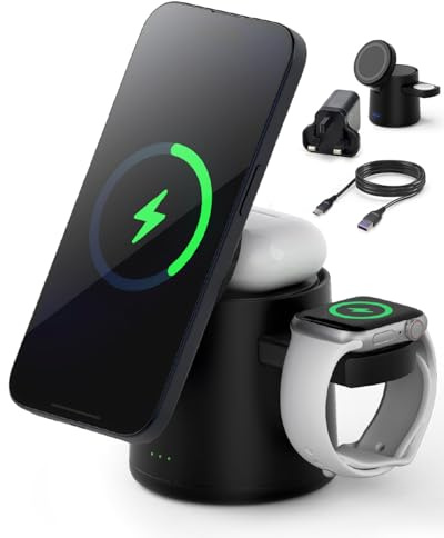 3 in 1 Wireless Charging Station for Apple, 15W Fast Phone Wireless Magnetic Charging, 75° Foldable Wireless Charger Stand for iPhone, Airpods Pro 2-4 & iWatch, for Father Gifts(Adapter Included)
