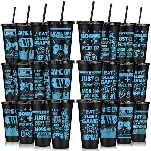 MSYU 24 vasos de plástico para videojuegos con tapas y popotes, vaso reutilizable de 710 ml, tazas de viaje para café helado, botella de agua para adultos, niños, fiesta de cumpleaños, suministros
