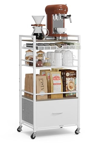 Lurgno Coffee Bar Cabinet with Storage，5 Tier Coffee Station Table on Wheels, 33.6 H Cart with Drawer for Home Kitchen, Liquor Buffet Sideboard Cabinet (Modern White)