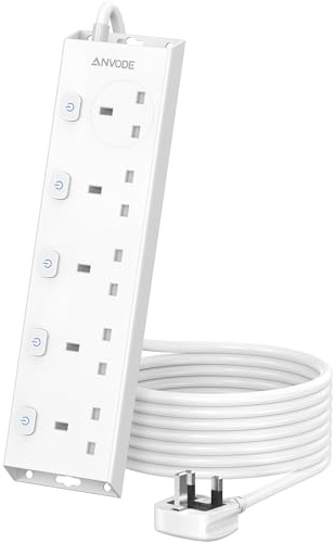 5 Way Extension Lead with Individual Switches, ANVODE Plug Extension Socket Wall Mounted 2M Extension Cable, Multi Plug Power Strip for Home Office Dorm