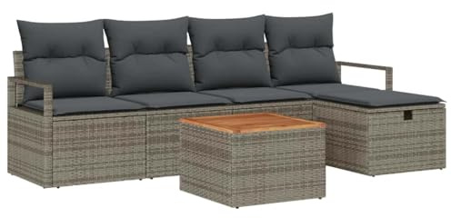 vidaXL Garten-Sofa-Set mit Kissen mit Speicher 6 pcs Grau Poly Rattan, Garten und Terrasse, modulares Lounge-Set, verstellbare Füße, gemütliche Außensitzmöbel