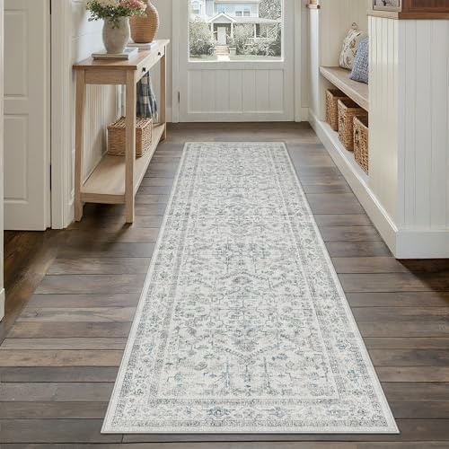 PureCozy Vintage Blau Teppich Läufer Flur 60x240cm Waschbar | Waschbarer Teppich, Weich Rutschfest, Kurzflor Boho, für Schlafzimmer Büro Küche Flur, Langer Teppichläufer