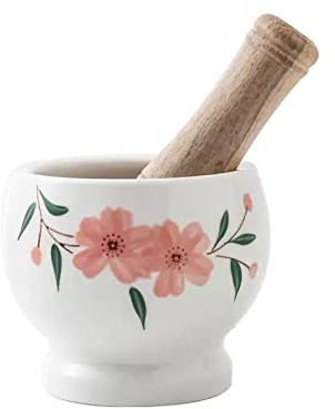 CRYSEU Set di pestelli in Ceramica, Set Home Mortaio con pestello in Ceramica Bianca Motivo Floreale Suribachi e Surikogi Set Elegante macina in Ceramica Macina spezie ed Erbe aromatiche(Small)