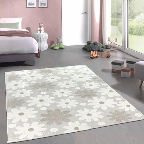 CARPETIA Matta barnrum babyrum lekrum blommotiv med 3D-effekt mjuk lätt att rengöra föroreningsfri fläckresistent hållbar hemlig krämfärgad beige 160 x 230 cm