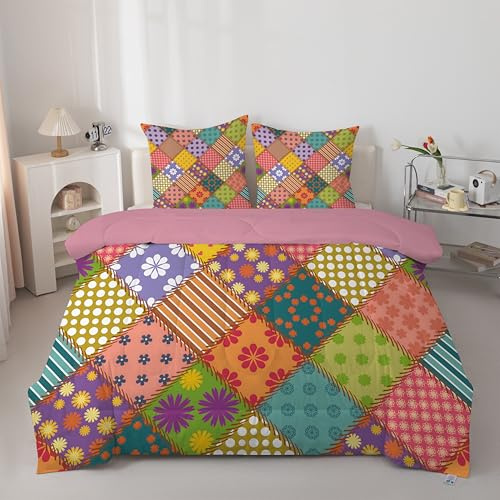 Linfye Couette 260x240 cm Patchwork Coloré – Couette Imprimée Plaid Floral 4 Saisons en Microfibre, Duvet 240x260 Legere et Chaud, Edredon pour Lit 2 Personnes avec 2 Taies d'oreiller 65x65 cm