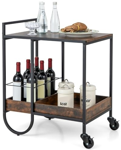 EXKURPOO Bar Cart Industrial Bar Trolley Cart Rolling Buffet Serving Cart With Metal Wire Wine Rack