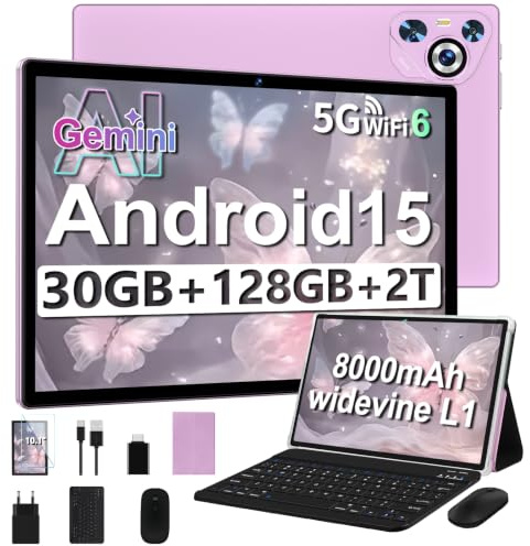 Dghrti 10 Pulgadas Tablet 30GB+128GB, 8000mAh, Android 15, IPS Pantalla FHD, Procesador Octa-Core, Certificación GMS/Widevine L1, Tableta PC con Cuerpo de Metal, Teclado y Mouse -Violeta
