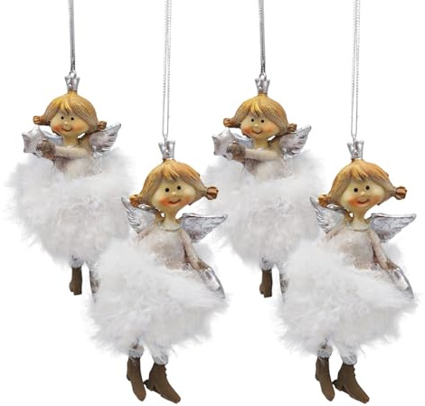 Engel-Anhänger Weiß & Silber, 4er Set: Weihnachtsengel zum Aufhängen, Kleine Weihnachtsanhänger, Schutzengel, Geschenkanhänger Weihnachten, Weihnachtsdeko Klein, 11 cm