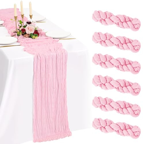 6 Pack ljusrosa ostduk bordslöpare 300x55 cm Boho gasväv ostduk bordslöpare tvättbar romantisk rustik bordsdekoration för bröllop fest födelsedag helgdag hemma (10FT)