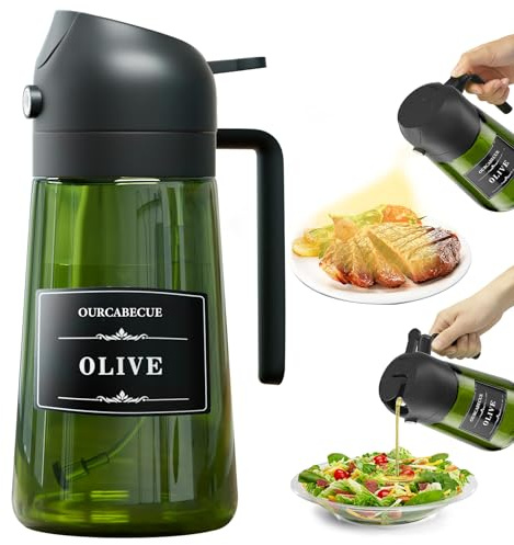 OURCABECUE 2 in 1 Olive Oil Sprayer for Cooking, 16oz Olive Oil Dispenser Bottle for Kitchen, Light-Blocking Dark Glass Oil Bottle, Food-Grade Oil Mister with 8 Oil Stickers (Green Bottle-Black Cap)